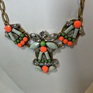 J Crew Statement Necklace Rhinestones Bright Orange Green Grey/Blue Antique Gold